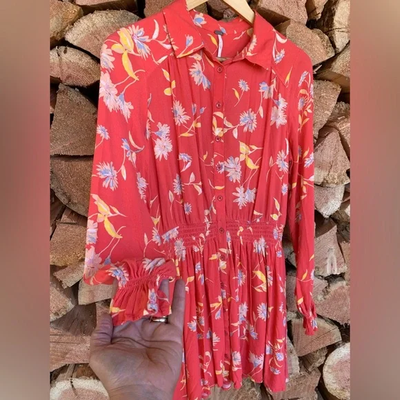 Free People Women’s XS Prairie Western Red Floral Dress Boho Puff Sleeve Peasant - Picture 2 of 12